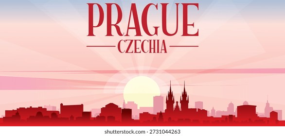Cartel panorámico rojo del horizonte de la ciudad con edificios de fondo brumoso, salida del sol, luna y nubes de PRAGA, REPÚBLICA CHECA