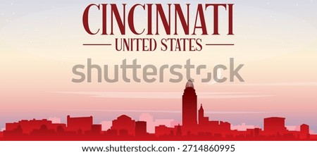 Red panoramic poster of the city skyline with misty background buildings, sunrise, moon and clouds of CINCINNATI, UNITED STATES