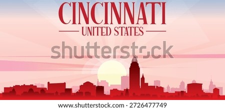 Red panoramic poster of the city skyline with misty background buildings, sunrise, moon and clouds of CINCINNATI, UNITED STATES