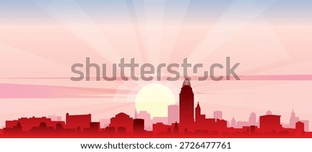 Red panoramic poster of the city skyline with misty background buildings, sunrise, moon and clouds of CINCINNATI, UNITED STATES