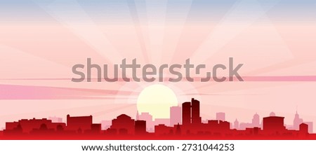Red panoramic poster of the city skyline with misty background buildings, sunrise, moon and clouds of TOKYO, JAPAN