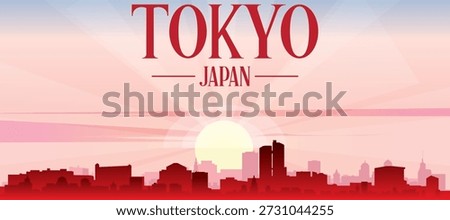 Red panoramic poster of the city skyline with misty background buildings, sunrise, moon and clouds of TOKYO, JAPAN