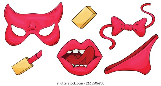 Red Panties, Mask, Lipstick, Bow Tie For Sexy Date, Set Of Vector Elements, Sticker, Freehand Drawing With Black Outline