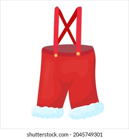 Red Pants with suspenders. Santa Claus clothes. Bright suit. Christmas decor in cartoon style. Vector illustration isolated on white background.