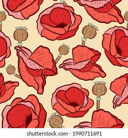 El somnifero de papel rojo es un patrón sin fisuras con bombillas. Repita el fondo con palomitas y semillas de color rosa pastel. Textura floral vintage con flores románticas y elementos botánicos.