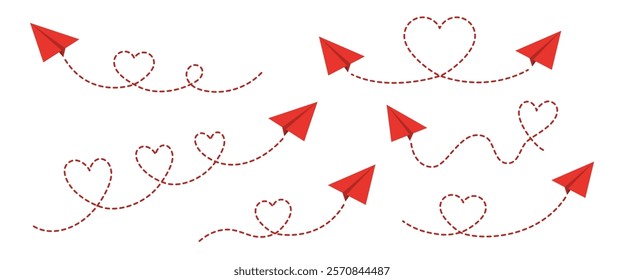 Red paper aeroplanes fly along a dashed path in the shape of hearts. Aeroplane route in the shape of hearts. A symbol of love. Travel concept. Elements for decoration for Valentine's Day, Women's Day.