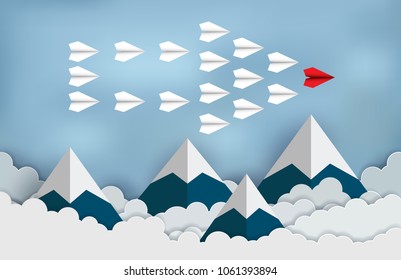 Red Paper Aircraft Leader, business leadership concept. Modern ideas creativity. illustration of nature landscape sky with cloud and mountain. paper art