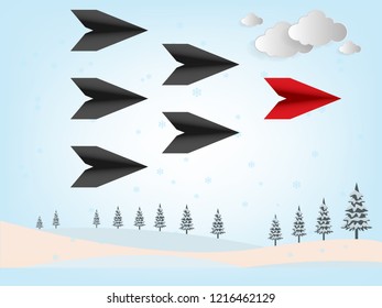 Red Paper Aircraft Leader, business leadership concept.Winter landcape background.