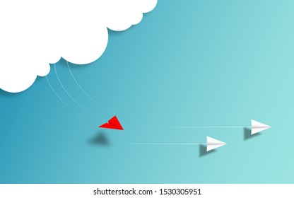 Red Paper airplane  accelerate to chasing white airplane target  illustration in paper art craft style design. paper airplane unique creative business competition idea concept.  vector illustration