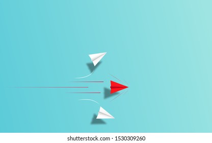 Red Paper airplane  accelerate to chasing white airplane target  illustration in paper art craft style design. paper airplane unique creative business competition idea concept.  vector illustration