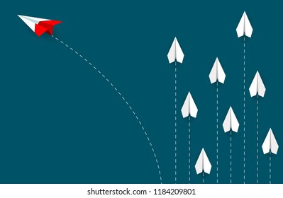 Red paper airplane changing direction from white. new idea. different business concept. courage to risk. leadership. startup. Vector illustrations