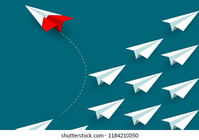 Red paper airplane changing direction from white. new idea. different business concept. courage to risk. leadership. startup. Vector illustrations