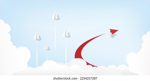 red paper airplane changing direction, think out of the box concept, creative idea vector illustration