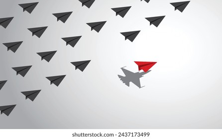 A red paper airplane with a fighter jet shadow changes course from a group of other paper airplanes, a concept of different business and social behaviors. Vector illustration.