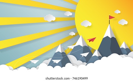 Red paper airplane to red flag on mountain and sunlight paper art style.Business success concept vector illustration.