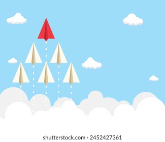 A red paper airplane flies at the forefront against a sky background, becoming a leader towards success, a leadership title in the team.vector file