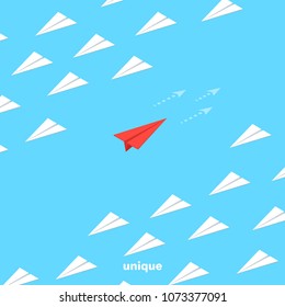 red paper airplane flies in the opposite direction from a group of other airplanes, isometric image