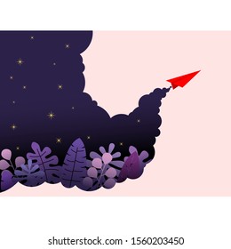 Red paper airplane fly on dark blue background. Premium Vector illustration
