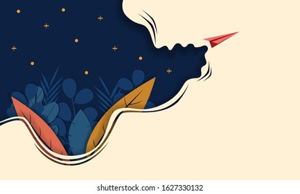 Red Paper Airplane Fly On Dark Blue Background