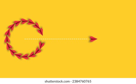 Red paper airplane flying in different direction on yellow background.
Going to success goal,business,innovative and solution,financial,leadership,creative idea concept.