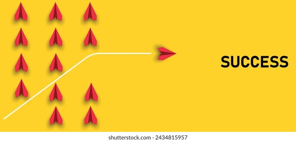 red paper airplane.
paper airplane flying in the direction of success by flying differently from other airplanes.