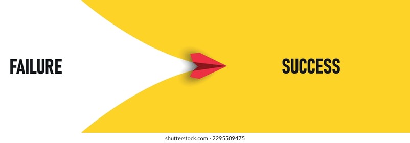 Red paper airplane flying from Failure to Success. New Idea concept. business life change concept. Different thinking, Business leader, personality development idea concept.