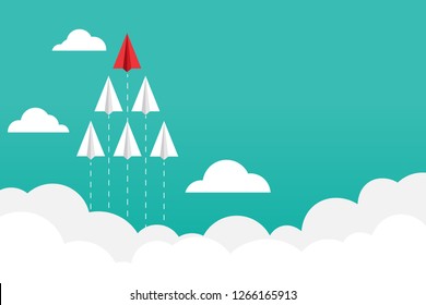 Red paper airplane flying to the front. Business concepts about executive leaders. Copy space for text input. Vector illustrations in flat design. 