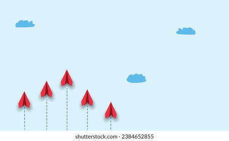 Red paper airplane flying in front, leading other airplanes.Leadership, success, teamwork, management, motivation idea concept.