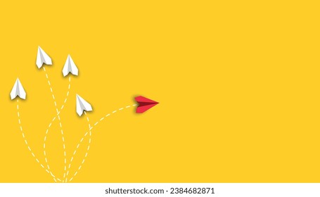 Red paper airplane flying in front, leading other airplanes.Leadership, success, teamwork, management, motivation idea concept.