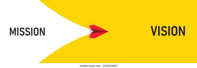 Red paper airplane flying from Mission to Vision goal. Thinking by taking action, business life change concept.Thinking different, Business leader, personality development idea concept.