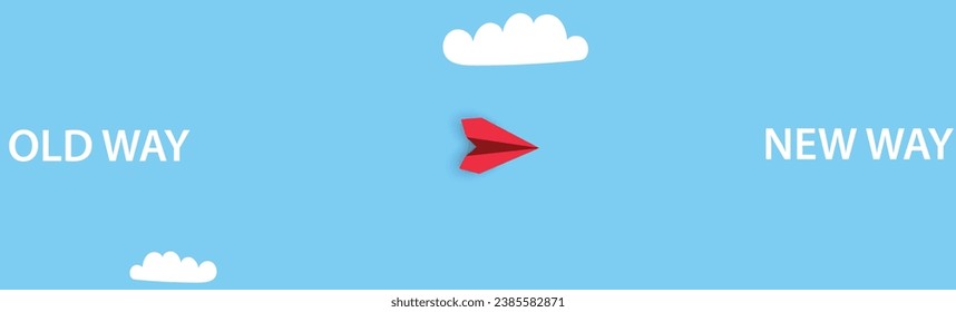  Red paper airplane flying old way new way. New Idea concept. business life change concept. Different thinking, Business leader, personality development idea concept.