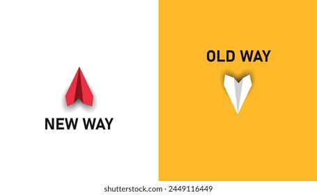 Red paper airplane flying old way new way. New Idea concept. business life change concept. Different thinking, Business leader, personality development idea concept.