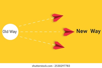 Red paper airplane flying old way new way. New Idea concept. business life change concept. Different thinking, Business leader, personality development idea concept.