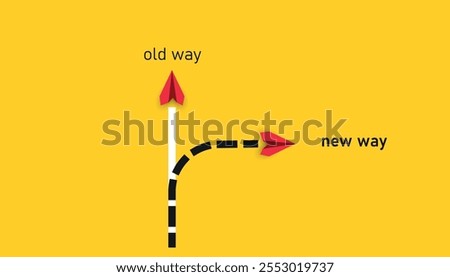 Red paper airplane flying old way new way. New Idea concept. business life change concept. Different thinking, Business leader, personality development idea concept.