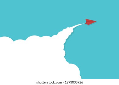 Red paper airplane flying on blue sky and cloud. Business success and leadership creative concept idea.Vector illustration 