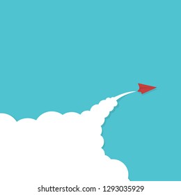 Red paper airplane flying on blue sky and cloud. Business success and leadership creative concept idea.Vector illustration 