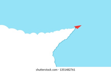 Red paper airplane flying on blue sky and clouds. Template design for travel concept, business idea, leadership, success, teamwork. Vector illustration