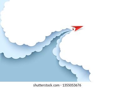 Red paper airplane flying on the blue sky and cloud. Paper cut art style of business success and leadership creative concept idea. Vector illustration