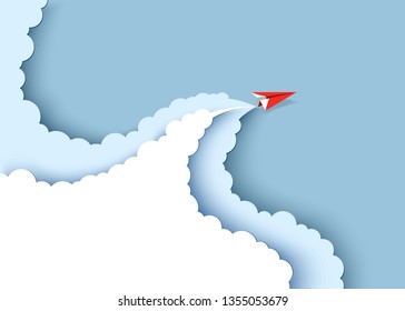 Red paper airplane flying on the blue sky and cloud. Paper cut art style of business success and leadership creative concept idea. Vector illustration