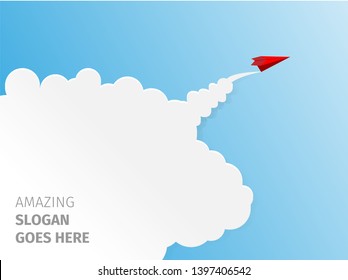 Red paper airplane flying on blue sky and cloud. Business success and leadership creative concept idea. Vector illustration