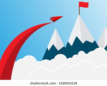 Red paper airplane flying on blue sky and cloud. Business success and leadership creative concept idea. Vector illustration