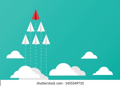 Red paper airplane flying on front. Business concept of team leadership. Copy space for text input. Vector illustrations in flat design.