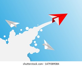 Red paper airplane flying on blue sky and cloud. Business success and leadership creative concept idea. Vector illustration