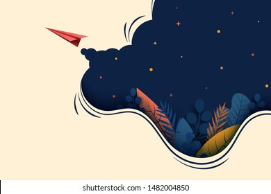 Red paper airplane flying on dark blue background with plants and leaf landing page website template.Business startup concept vector illustration.