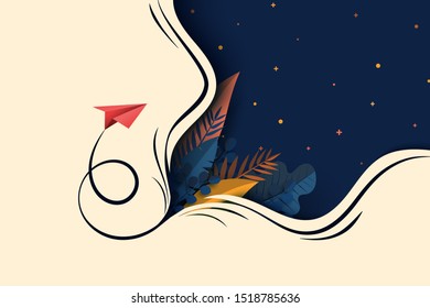 Red paper airplane flying on dark blue background with plants and leaf landing page website template.Business concept vector illustration.