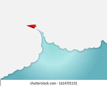 Red paper airplane flying on blue sky and cloud. Business success and leadership creative concept idea. Vector illustration