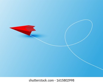 Red paper airplane flying on blue sky. Business success and leadership creative concept idea. Vector illustration