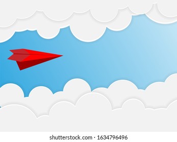 Red paper airplane flying on blue sky and cloud. Business success and leadership creative concept idea. Vector illustration