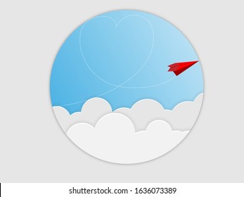 Red paper airplane flying on blue sky and cloud. Business success and leadership creative concept idea. Vector illustration