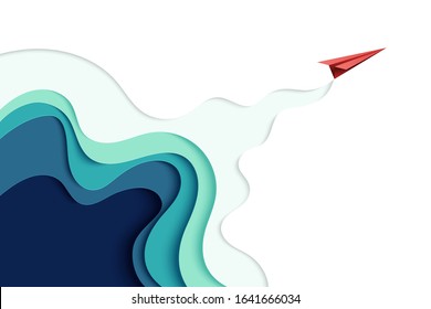 Red paper airplane flying on blue paper art abstract background landing page.Vector illustration.